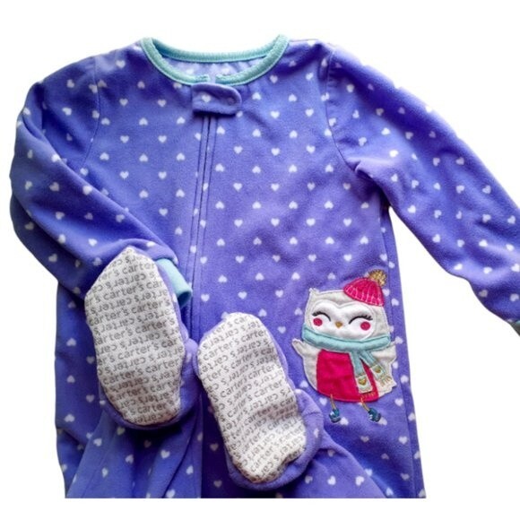 Carter Baby Girl 24M Purple Hearts Owl Footie Baby Fleece Sleeper - Picture 3 of 9